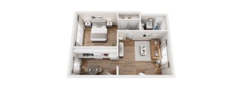 A top-down view of a modern, minimalist bedroom with a bed, a desk, a chair, and a small potted plant.