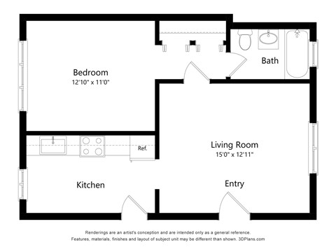 A black and white image of a floor plan for a small apartment.