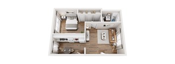 A top-down view of a small, neatly organized apartment with a bed, a couch, a dining table, and a kitchenette.
