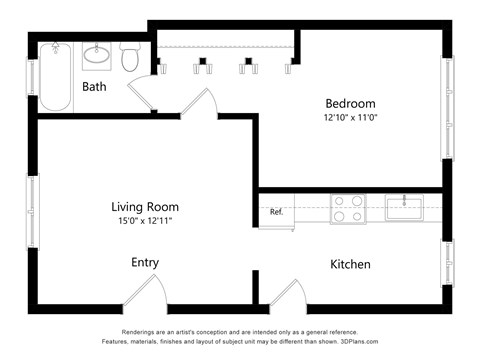 A floor plan of a small apartment with a living room, kitchen, bedroom and bathroom.