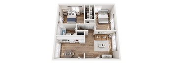 A top-down view of a small apartment with a bedroom, living room, and kitchen.