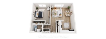 A top-down view of a modern, minimalist apartment with a kitchen, living room, and bedroom.