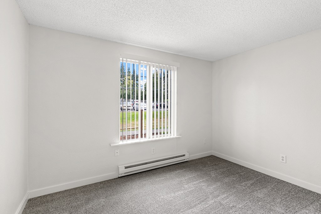 A room with a window and a radiator on the floor.