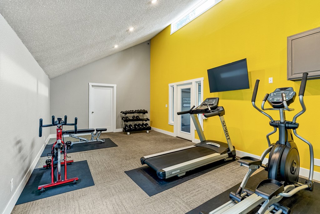A home gym with a treadmill, stationary bike, and weights.
