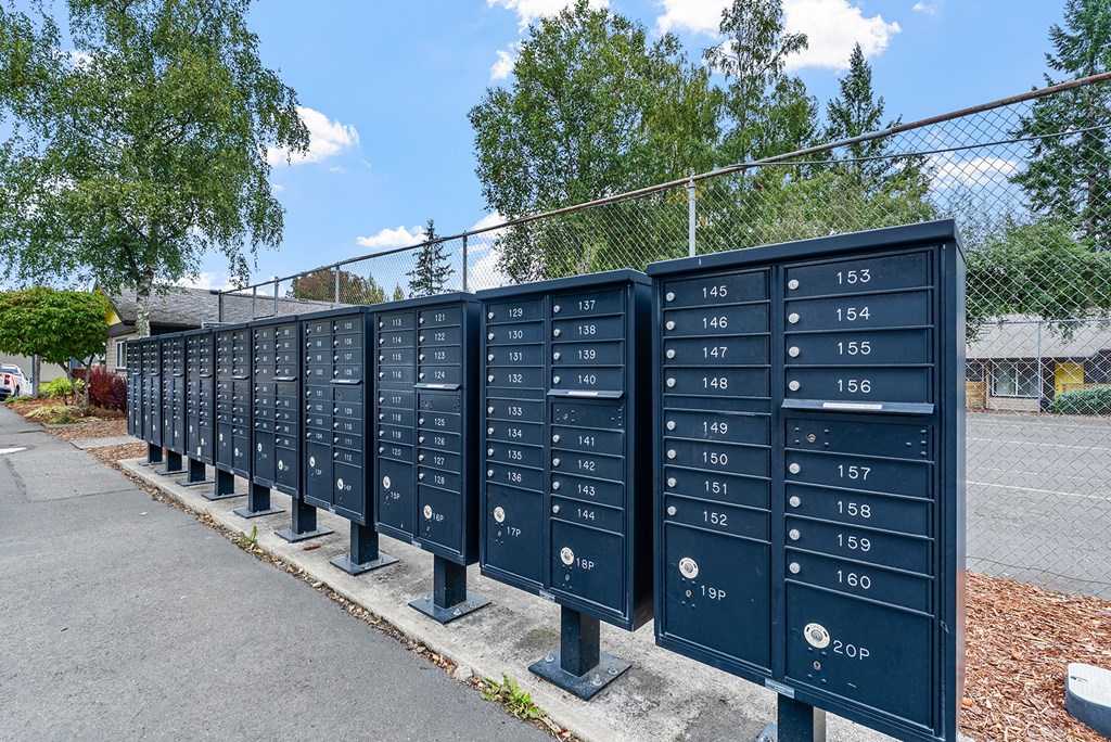 A row of mailboxes numbered from 145 to 160.