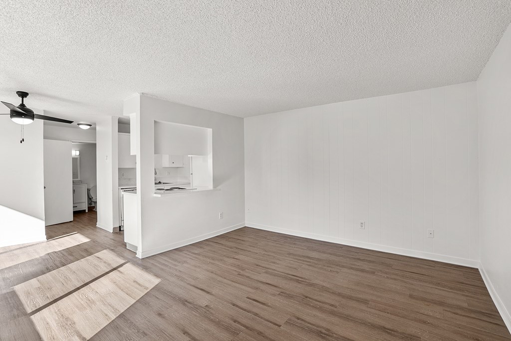Large living room with a view of a kitchen