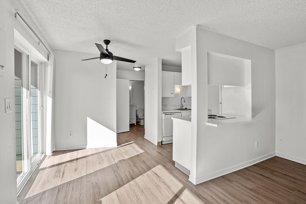 A white room with a ceiling fan and wooden flooring.