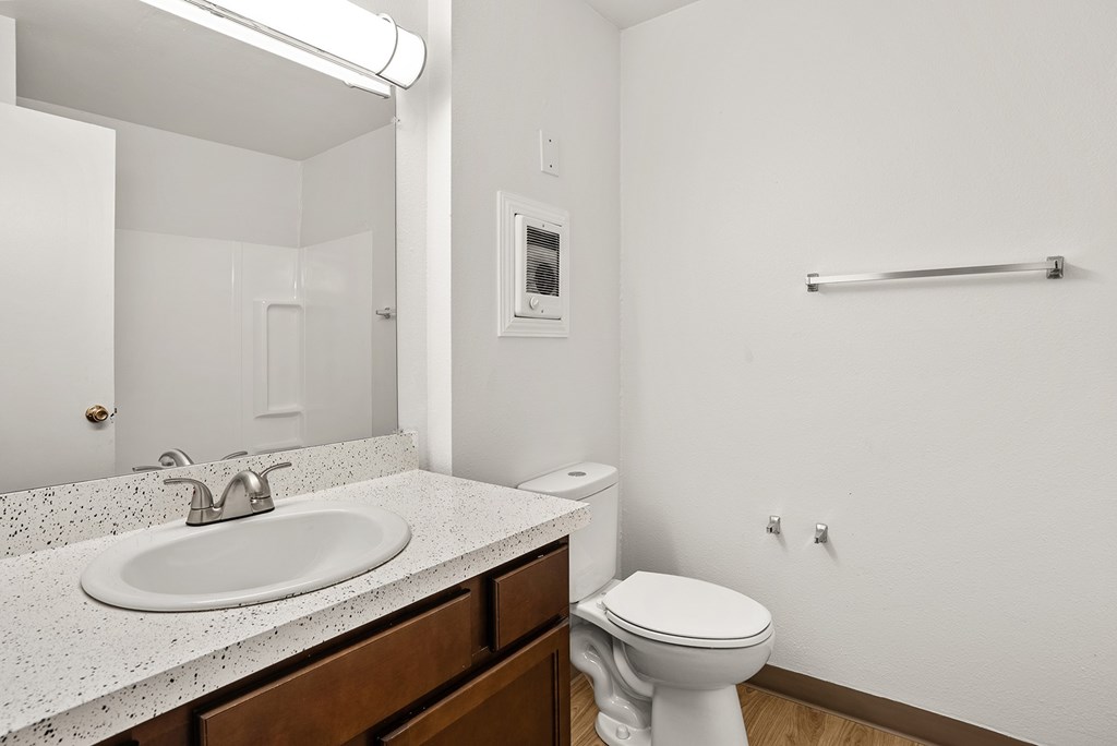 A white toilet sits next to a sink in a bathroom.