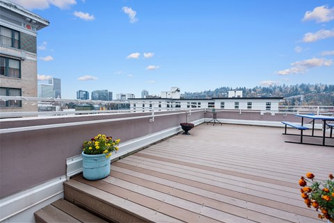 A balcony with a blue planter and wooden flooring.