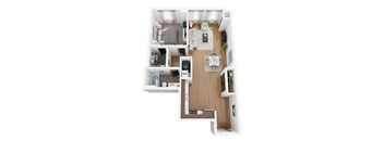 A top-down view of a small, neatly organized apartment with a living room, kitchen, and bedroom.