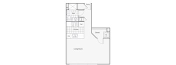 A floor plan of a living room with a kitchen and bath.