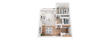 A top-down view of a small apartment with a kitchen, living room, and bathroom.
