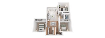 A white dollhouse with a kitchen, living room, and bedroom.