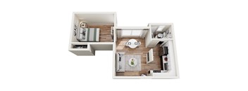 A top-down view of a small apartment with a bedroom, kitchen, and living room.