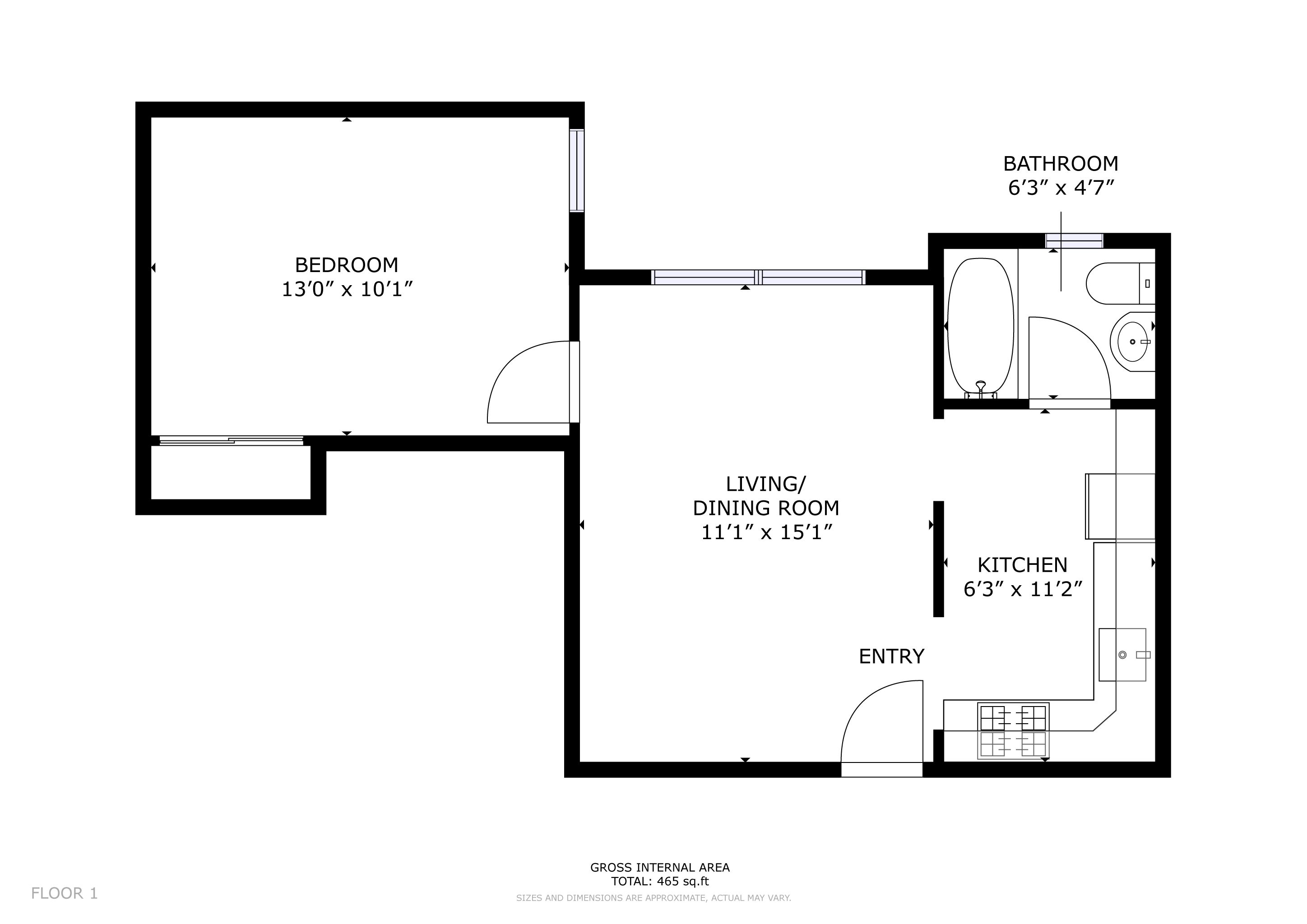 Floor plan for a 1 bedroom apartment