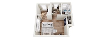 A top down view of a small apartment with a bedroom, bathroom, and kitchen.
