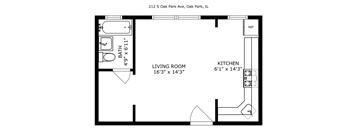 A drawing of a living room and kitchen area with a bathroom.