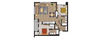 A floor plan of a house with a kitchen, living room, dining room, and bathrooms.