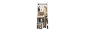 A top down view of a small apartment with a kitchen, living room, and bathroom.