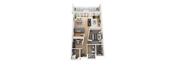 A floor plan of a small apartment with a kitchen, living room, and bathroom.