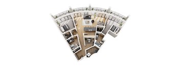 A top-down view of a house interior with a living room, kitchen, and dining area.
