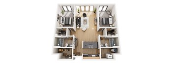 A top-down view of a small apartment layout with a living room, kitchen, and bedrooms.