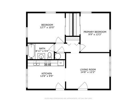 2D floorplan of 2 bedroom and 1 bath