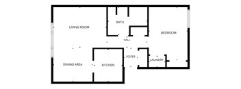 A floor plan of a house with a living room, dining area, kitchen, bath, bedroom, hall, foyer and laundry.
