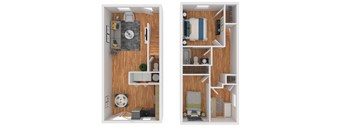 A set of two images showing a top and side view of a small apartment.