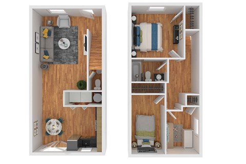 A set of two images showing a top and side view of a small apartment.
