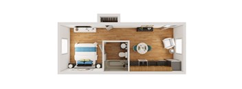 A bedroom with a bed, a desk, a chair, and a clock on the wall.