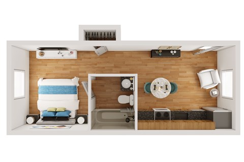 A bedroom with a bed, a desk, a chair, and a clock on the wall.