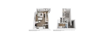 A floor plan of a two-bedroom apartment with a living room, kitchen, and bathroom.