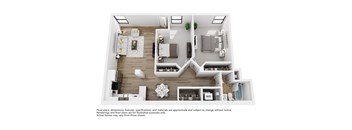 A floor plan of a house with a living room, dining room, kitchen, and bathrooms.