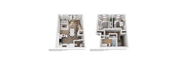 Two floor plans of a house with a living room, kitchen, and bedrooms.