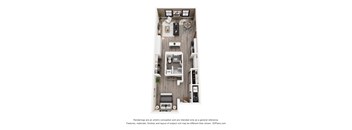 A 3D floor plan of a small apartment with a kitchen, living room, and bathroom.