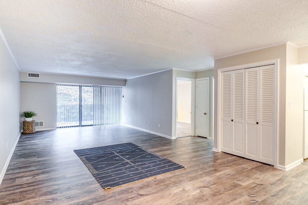 living room with wood flooring and white closet doors