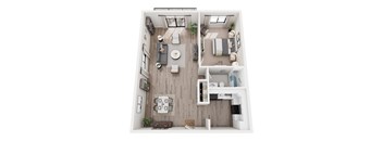 A top-down view of a small apartment with a kitchen, living room, and bedroom.