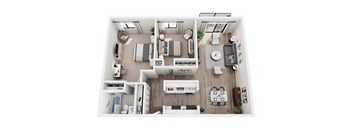 A top-down view of a small apartment with a kitchen, living room, and bedroom.