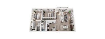 A top-down view of a modern apartment layout with a kitchen, living room, and bedrooms.