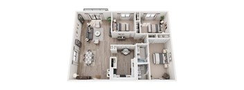 A top-down view of a modern apartment layout with a kitchen, living room, and bedrooms.