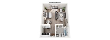A top-down view of a small, neatly organized apartment with a kitchen, living room, and bathroom.