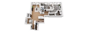 A top-down view of a modern, open-plan apartment layout.