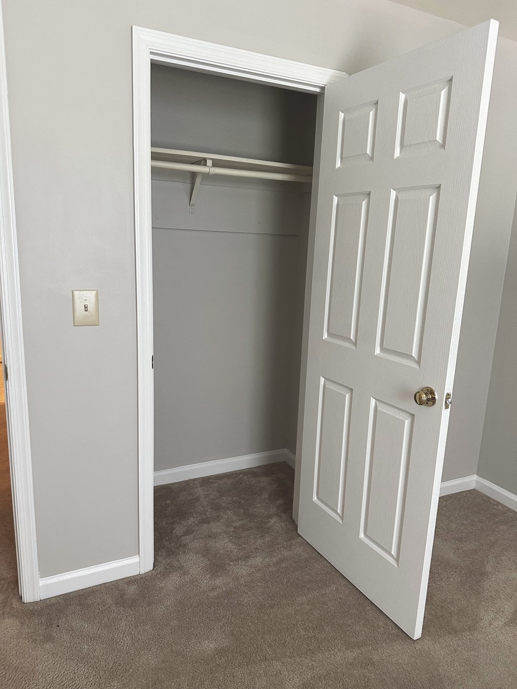 a walk in closet with a white door and gray walls at Woodgate, Charlottesville, 22901