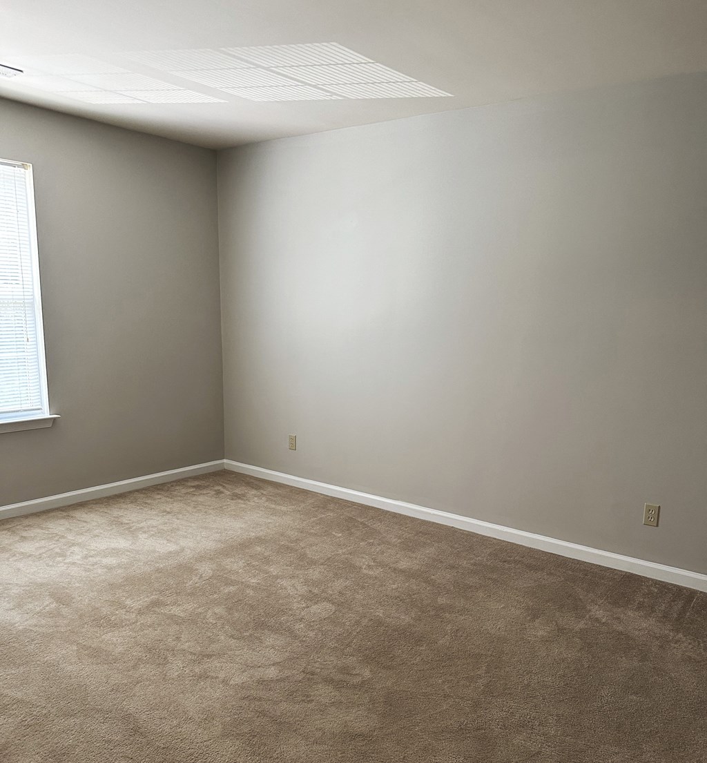 a bedroom with gray walls and a beige carpet at Woodgate, Charlottesville
