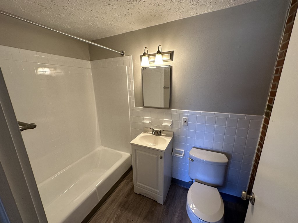 a bathroom with a tub sink and toilet