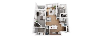 A top-down view of a small apartment with a kitchen, living room, and bathroom.