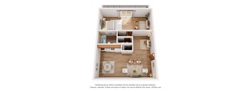 A 3D floor plan of a small apartment with a kitchen, living room, and bathroom.