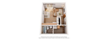 A 3D floor plan of a small apartment with a kitchen, living room, and bathroom.