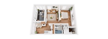 A top-down view of a modern, well-lit, and spacious living area with a kitchen and bathroom.